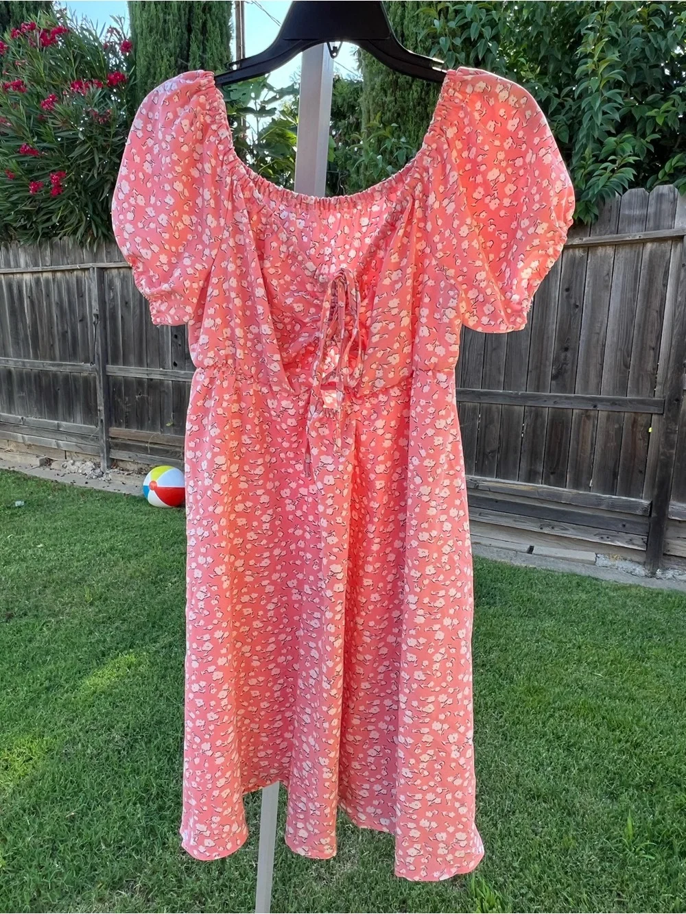 SHEIN Coral Pink Floral Puff Sleeve Dress with Tie Front